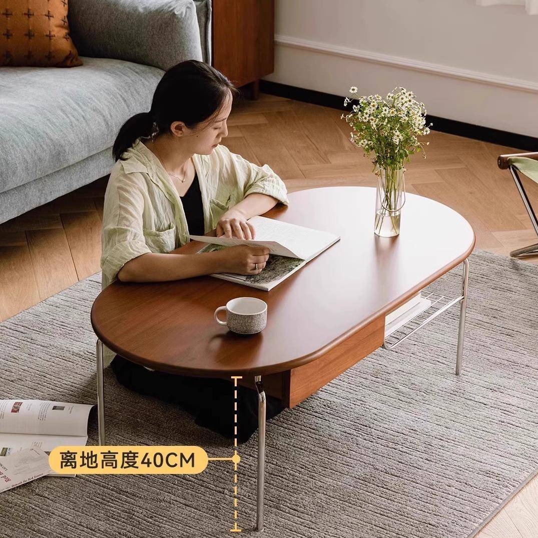 小户型客厅实木茶几极简北欧ins不锈钢小桌子复古日式椭圆形茶桌