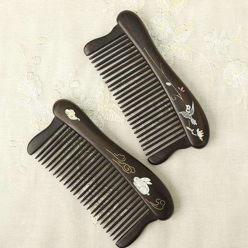 天然紫光檀木梳中式螺钿嵌铜梳子乌木细齿按摩梳实木古风梳子女生