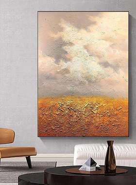 纯手绘油画抽象橙色麦田客厅装饰画丙烯石英砂肌理画玄关入户挂画