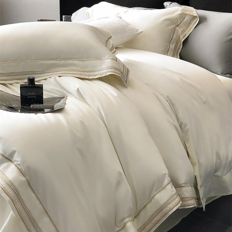 新款100S高奢简约匹马棉四件套刺绣纯色棉被棉被套床上用品套