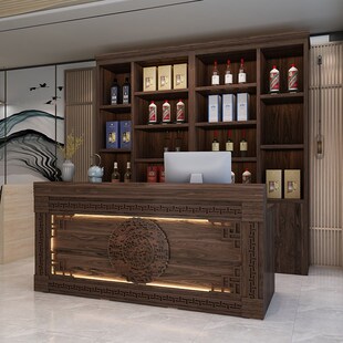 餐饮饭店餐厅酒楼实木吧台收银台酒D柜组合新中式收款台前一体定