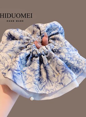 莫奈印象亮片印染蓝色裙摆大肠发圈女高档洋O气扎马尾头绳发绳头