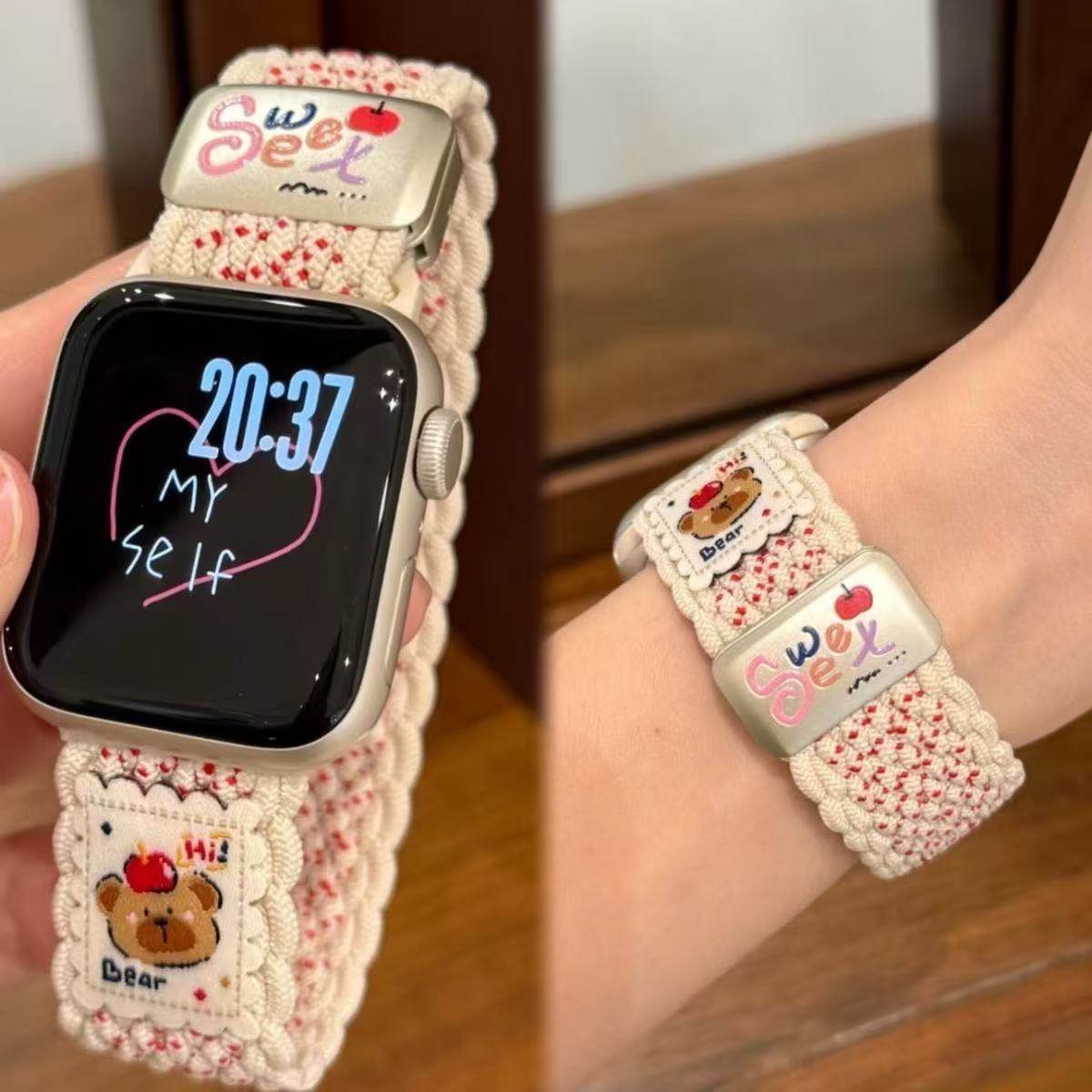 可爱小熊尼龙编织磁吸扣表带适用苹果手表iwatch11代S9/8/7UItra