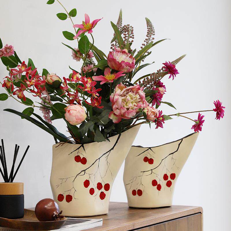 现代简约陶瓷花瓶手绘山楂客厅摆件软装饰品插花器餐厅抽纸盒