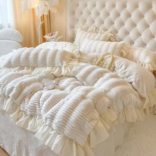 法式 被套高级感白色毛绒床单 公主风兔兔绒床上四件套w牛奶绒冬季