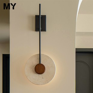 侘寂中古风餐厅民宿圆形壁灯w复古卧室床头过道楼梯装 饰黄洞石灯