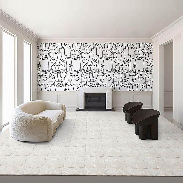 北欧极简白色奶油风地毯客厅现代轻奢卧室毯羊毛千鸟格竹纤维手工