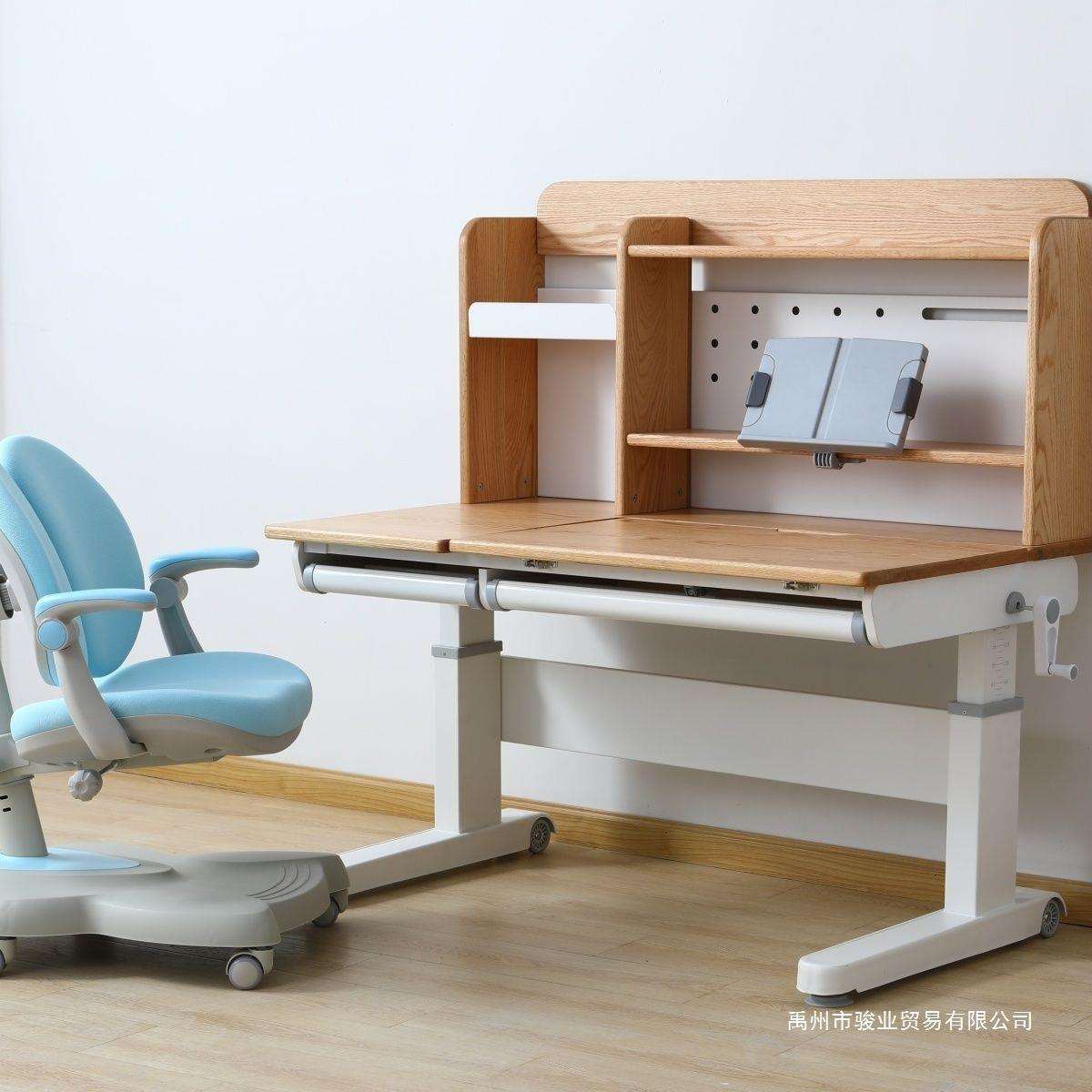 北美红橡木全实木儿童书桌学习桌写字课桌家用可升降桌椅套装手摇