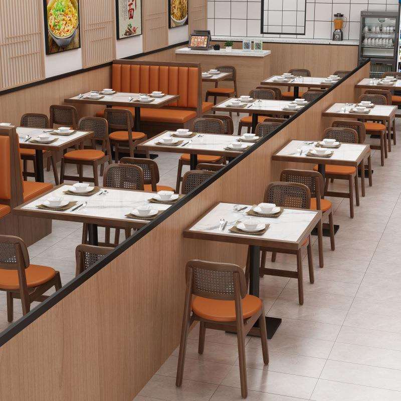 商用实木岩板快餐桌小吃馆烧烤店奶茶早点餐饮饭店餐桌椅组合