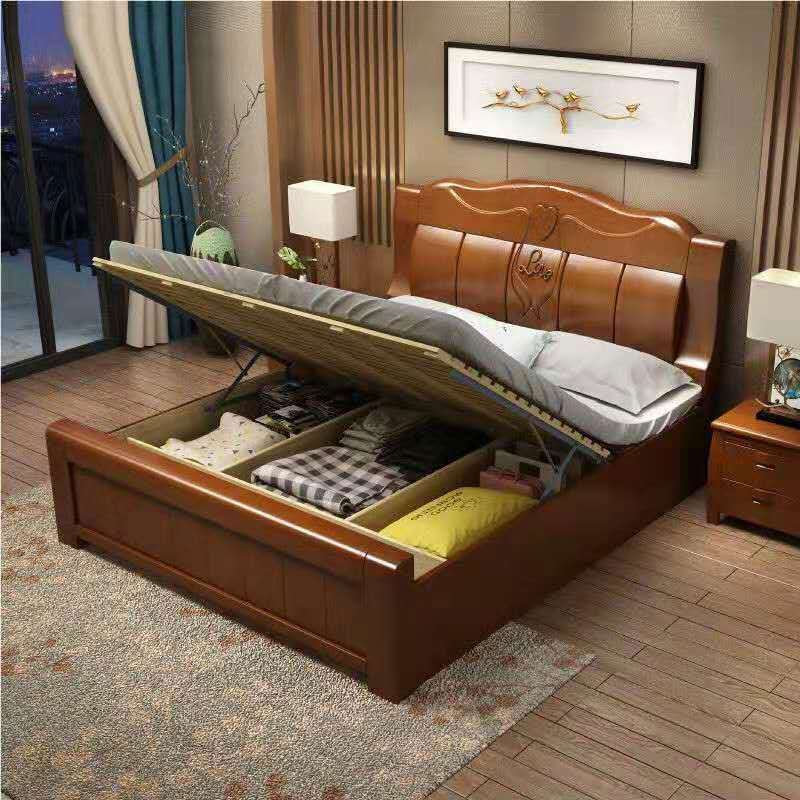 实木床1.5米双人床中式1.8米单人床主卧气压抽屉储物床经济型家具