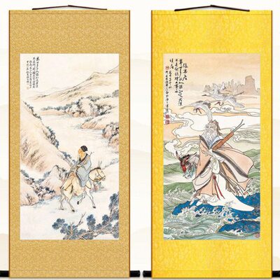 事回过凡丝绸看 八卷轴头海人物装饰画挂画仙果老 张像 倒骑驴画