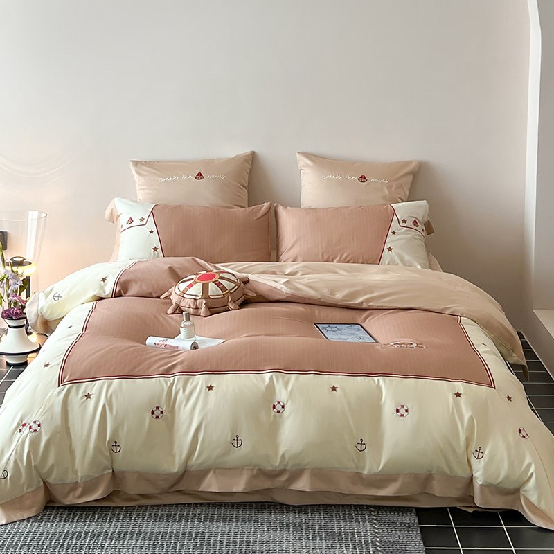 A类英伦风100S长绒棉四件套全棉高F精密帆船刺绣男孩被套床上用品