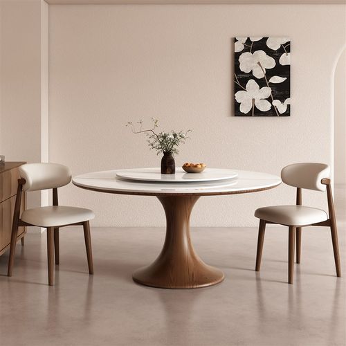北欧实木餐桌圆形带转盘6人家用现代简约意M式岩板圆餐桌吃饭桌子