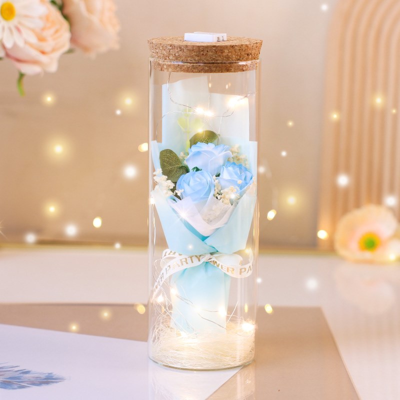 生日礼物送女生闺蜜男q朋友实用许愿瓶玻璃罩带灯玫瑰香皂花束惊