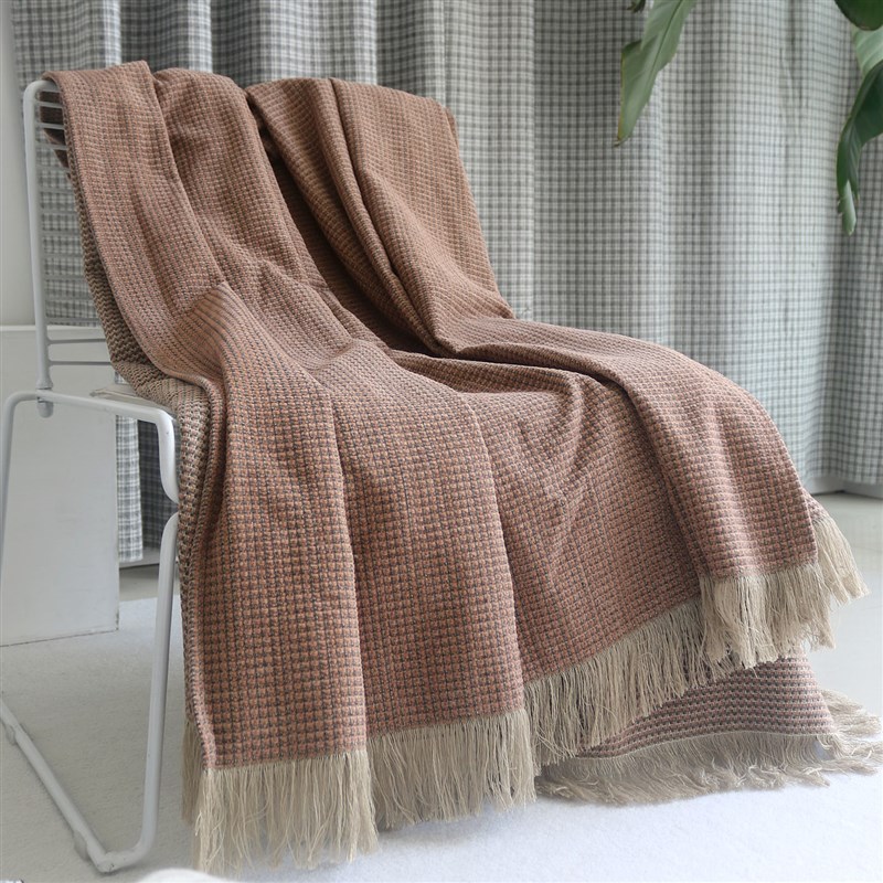 中古风床尾巾民宿床毯砖红u色床尾毯酒店床旗覆古风沙发毯条纹毯