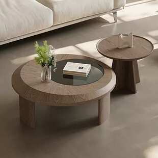 现代简约深木色茶几小户型组合大小圆形北欧轻奢公寓意式客厅家用