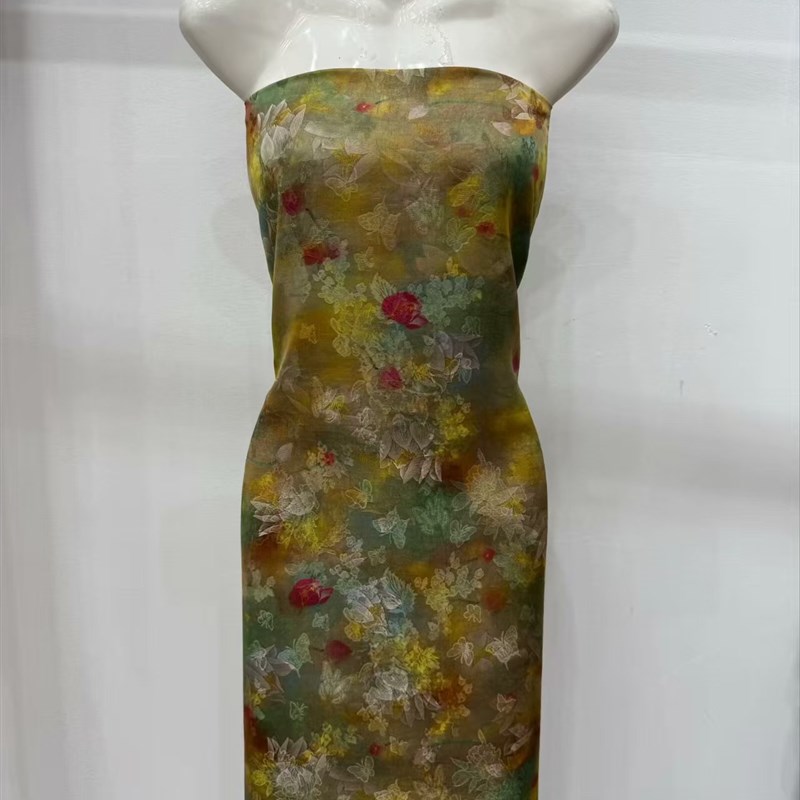 春夏全人丝薯莨香云纱布料花萝提花旗袍裙子套装裤子上衣服装面料
