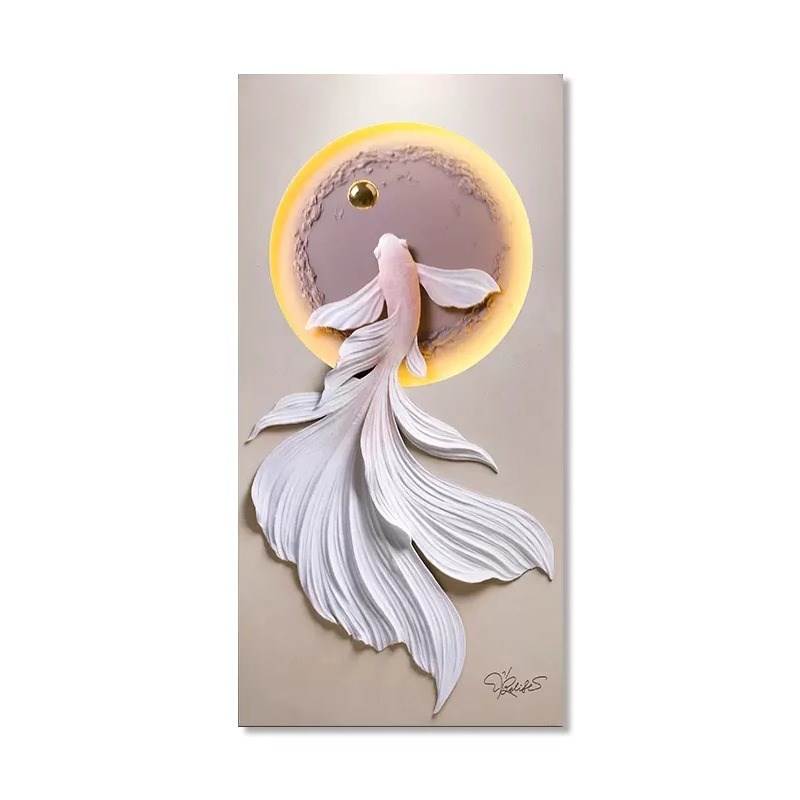 现代简约入户玄关装饰画立体浮雕高档轻奢挂画走廊锦鲤创意灯光画图片