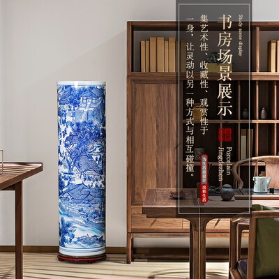 景德镇陶瓷青花瓷落地大号花瓶箭筒客厅电视柜中式字画收纳缸摆件