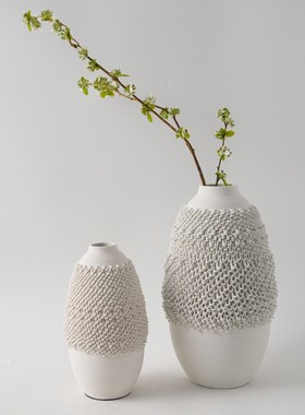 现代简约新中式3D打印陶瓷灰白色麻点花瓶摆件家居样板间干花花器