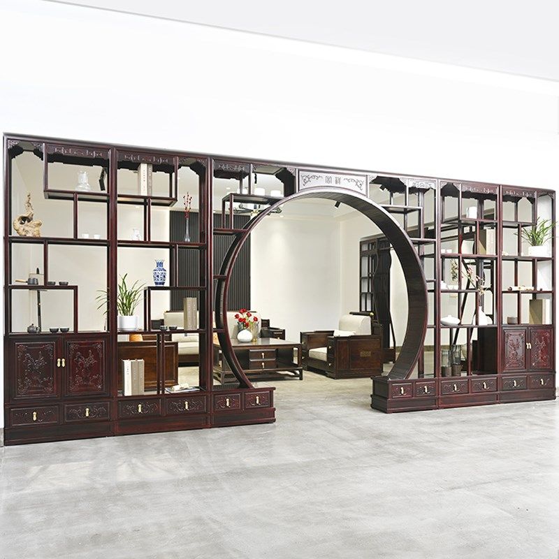 中式客厅门博古架实木可伸缩圆拱月洞门隔断背景墙月亮拱门玄关多