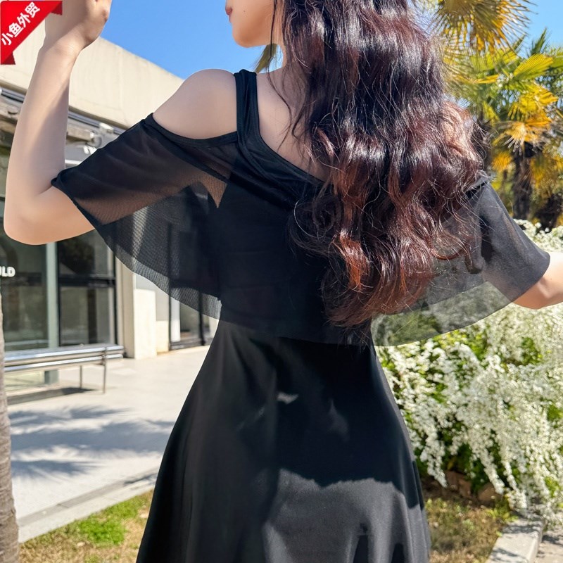 2025新款黑色连体裙式露肩游泳衣遮肚显瘦微胖女孩夏保守ins度假