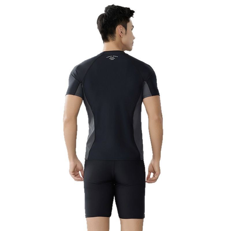 新款分体五分裤长袖男士防晒遮肚显瘦游泳衣三件套大码保守泡温泉