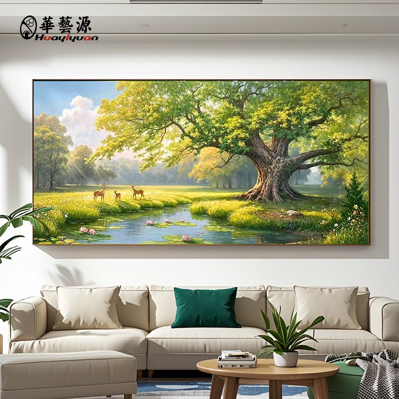 纯手绘油画大树风景客厅装饰画美式简约发财树办公室大气小鹿挂画图片