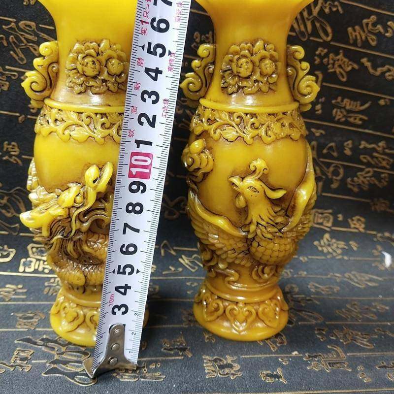 【折扣价】黄龙玉手工雕刻仿寿山石摆件家居雕刻摆件花瓶一对工艺