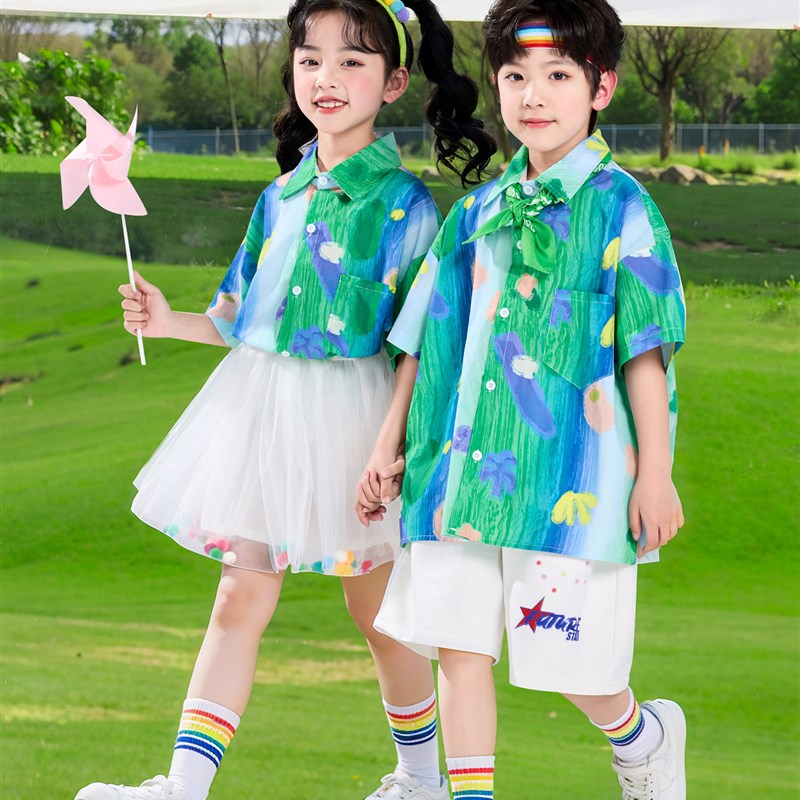 童装儿童表演服姐弟装涂鸦印花衬衫女童连衣裙扎染公主裙