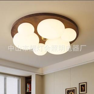 中古风卧室过道灯吸顶灯美式 复古花朵胡桃木色中古诧寂风房间灯具