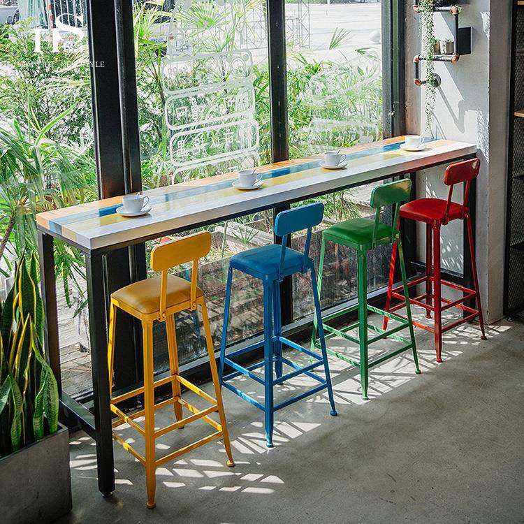 简约彩色金属靠墙吧台桌家用高脚酒吧长条桌咖啡厅奶茶店桌椅组合