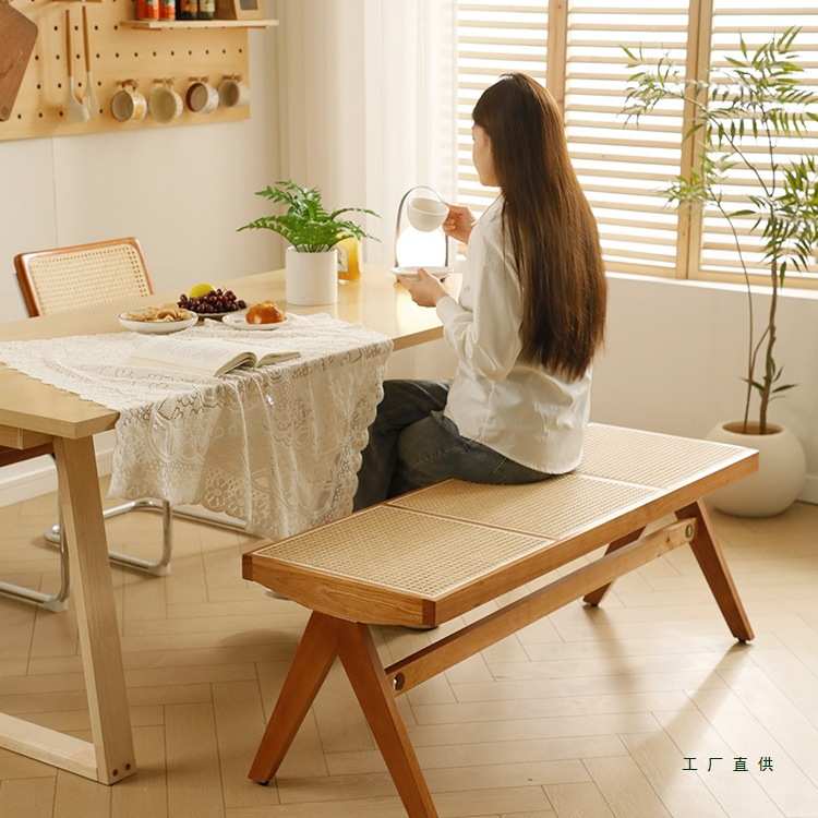 侘寂风藤编长条凳昌迪加尔实木凳子家用餐桌椅子床尾凳原木换鞋凳