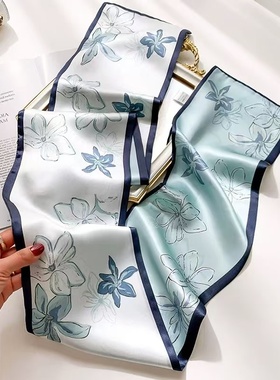 100%桑蚕丝【蓝白玉兰】145x16cm长飘带双层真丝丝巾时尚女G512