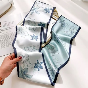 女G512 145x16cm长飘带双层真丝丝巾时尚 100%桑蚕丝 蓝白玉兰