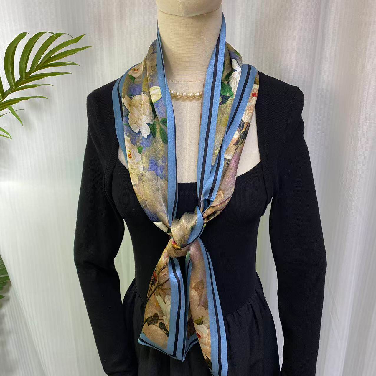 100%桑蚕丝【梦幻玫瑰】145x16cm长飘带双层真丝丝巾女G557