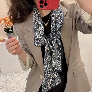 桑蚕丝【国风青花瓷】145x16cm长飘带双层真丝丝巾女理G305