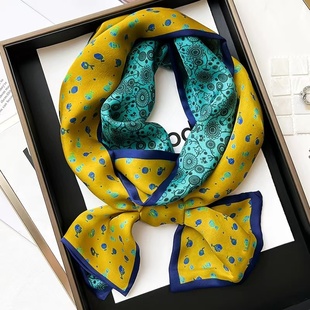 女G510 145x16cm长飘带双层真丝丝巾时尚 100%桑蚕丝 蓝黄小鱼