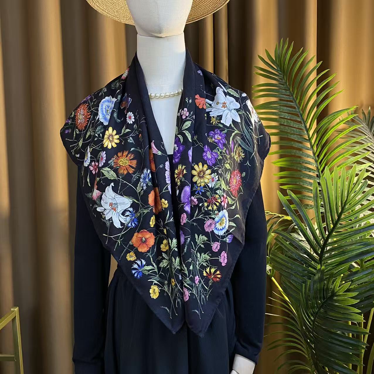 桑蚕丝羊毛【G家花卉】86丝毛方巾双面时尚女士气质丝巾-Q729