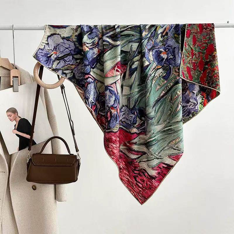 桑蚕丝羊毛【梵高鸢尾花】60丝毛方巾双面女士气质丝巾K660