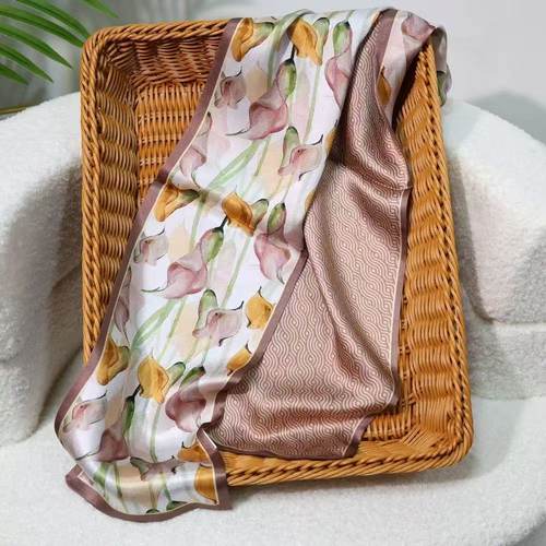 100%桑蚕丝【粉色郁金香】145x16cm长飘带双层真丝丝巾女G366