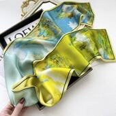 100%桑蚕丝 山水油画 145x16cm长飘带双层真丝丝巾女G357