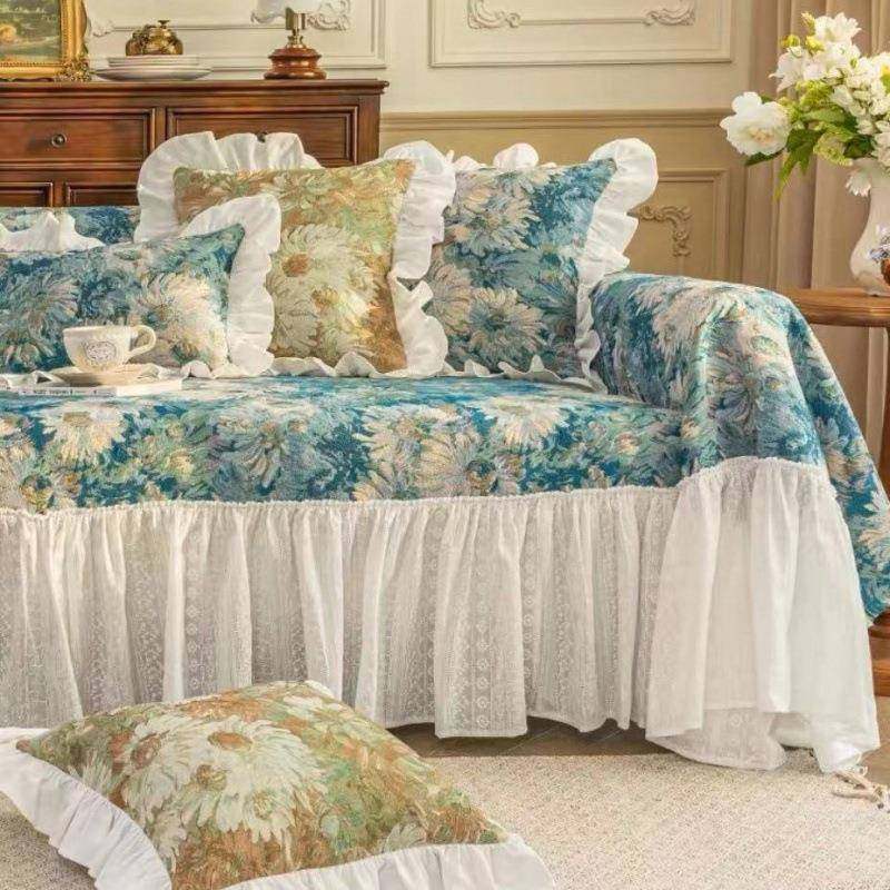 复古油画风抱枕套荷叶边腰靠床头沙发靠枕提花靠枕套民宿田园法式