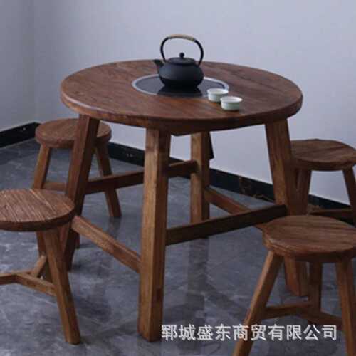 老榆木茶几圆形老门板烧烤桌小号榻榻米炕桌复古民宿喝茶桌火锅桌