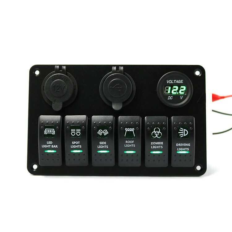 新款6位船型开关 双绿灯 六位面板开关电源母座+电压表USB