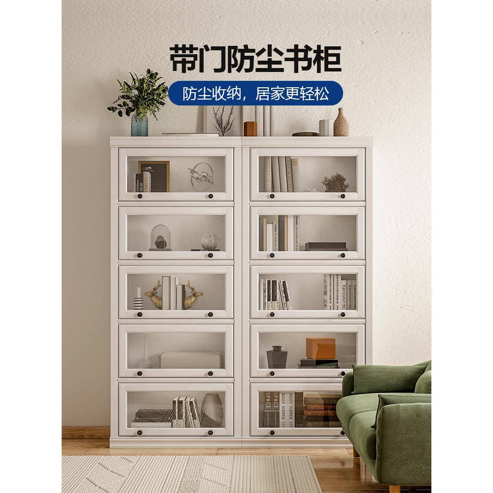 书柜带门玻璃门落地书架家用儿童置物柜客厅防尘展示柜美式实木