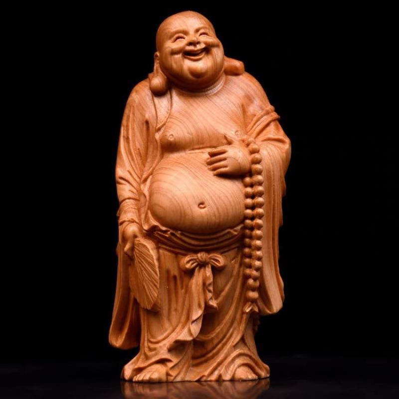 崖柏木雕拿扇弥勒笑像摆件 家居客厅开业茶宠大肚弥勒工艺品