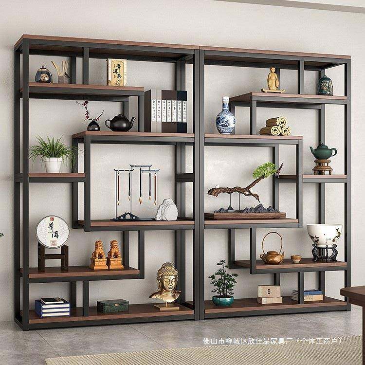 新中式博古架茶室置物架茶叶展示柜非实木整墙客厅现代简约摆件架