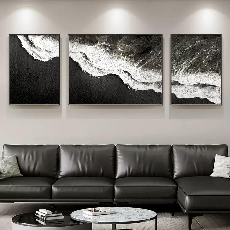 黑色海滩三联客厅装饰画轻奢大气沙发背景墙挂画海景图极简风壁画