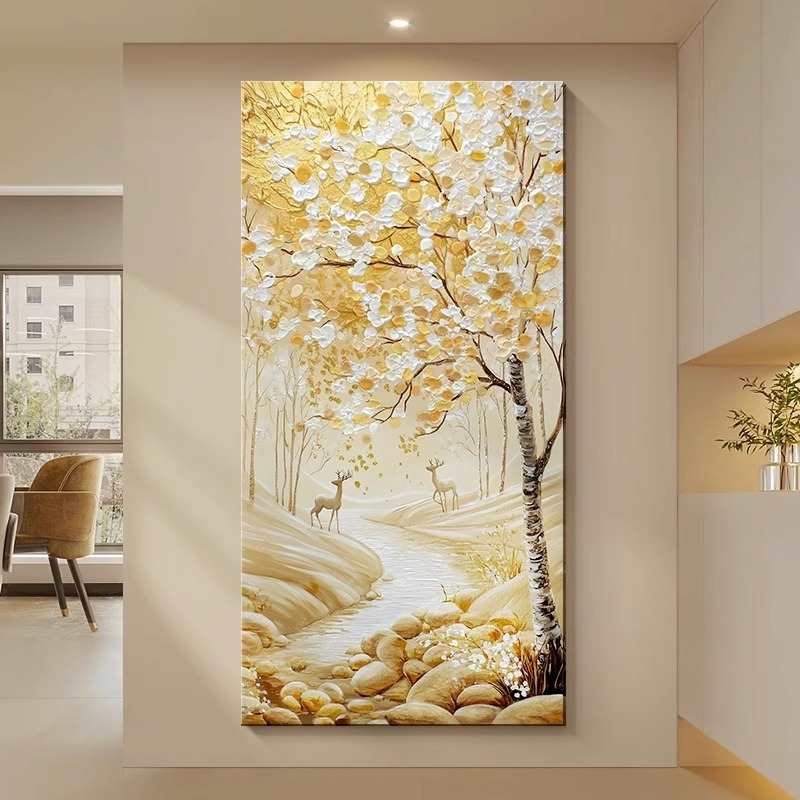 发财树入户玄关装饰画现代轻奢走廊过道尽头挂画高档大气山水壁画图片